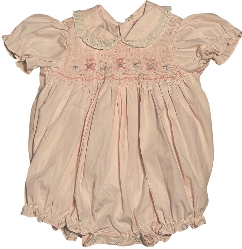 VTG 70s Baby Girl Pink Smocked Romper Teddy Bear Puff Sleeve Cottage Coquette